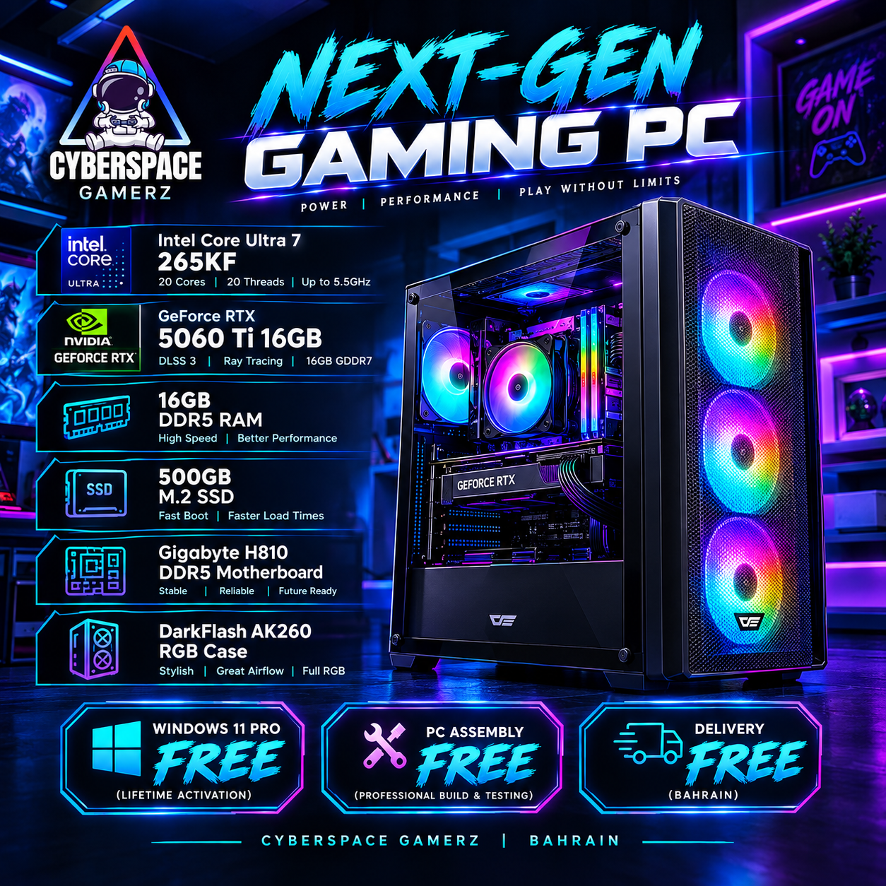 Intel Core Ultra 7 RTX 5060 Ti Gaming PC Intel Core Ultra 7 265KF gaming PC with RTX 5060 Ti 16GB and DarkFlash AK260 RGB case