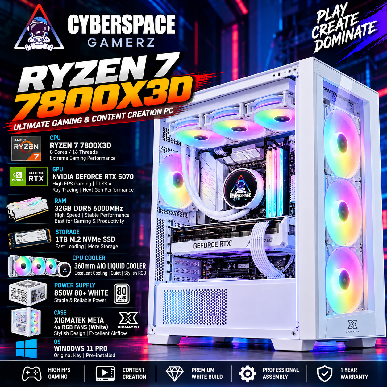 Cyberpunk Ryzen 7 Gaming PC Poster Ryzen 7 7800X3D gaming PC with RTX 5070 and Xigmatek Meta RGB case